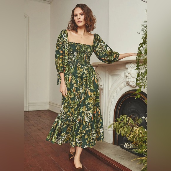 Cara Cara Jazzy Floral Print Dress Botanical Birds Emerald Green Smocked Size L - Picture 2 of 3